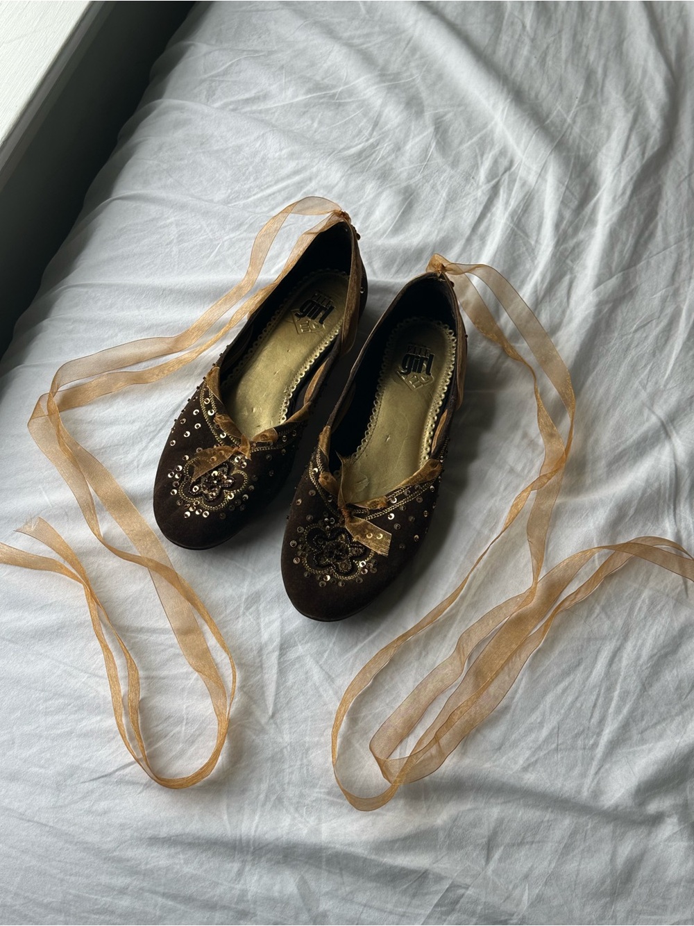Elle Brown Embellished Ballet Flats with Gold Ribbon